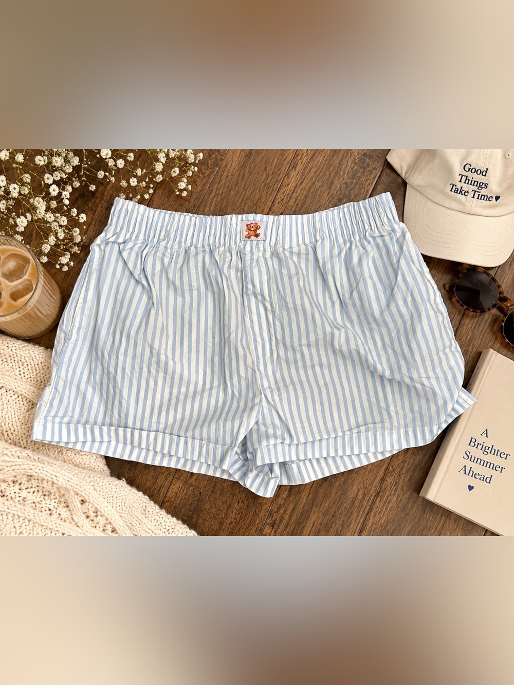 Happily Grey Blue & White Striped Cotton Boxer Shorts XL Teddy Bear Patch